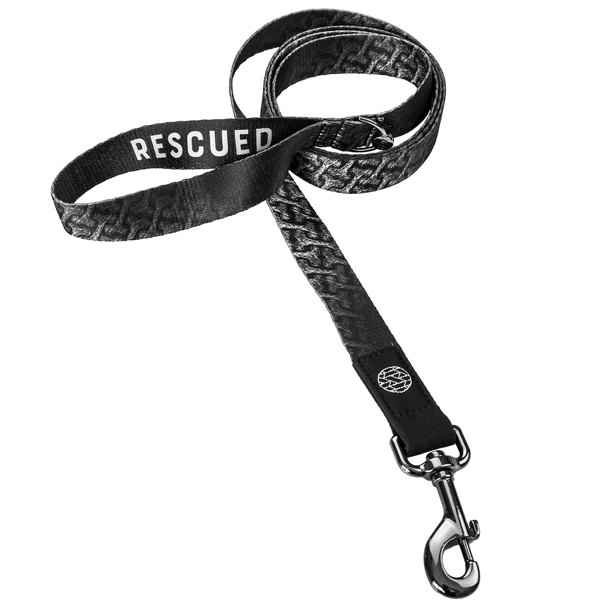 Dog leash with a black and white design of dog bones all over. The hoop handle reads Rescued. Comes with a metalpull-down hook. 