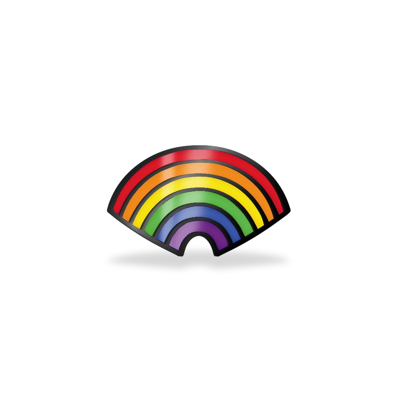 This is a charm that fits ZOX single wristbands, lanyards and hoodie strings only. It is made from stainless steel and is gunmetal in color. The design is a rainbow with all of the colors, trimmed in gunmetal. 