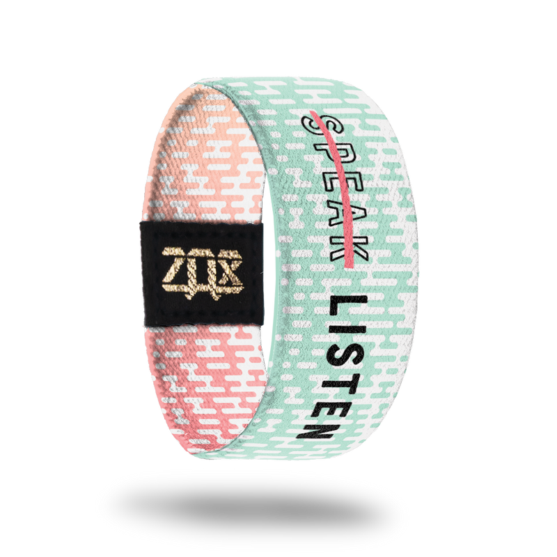 Outside design of Listen. Mint green with white pattern of rounded rectangle shapes. The center text has the outlined word Speak with a red line going though it and Listen in bold black text 