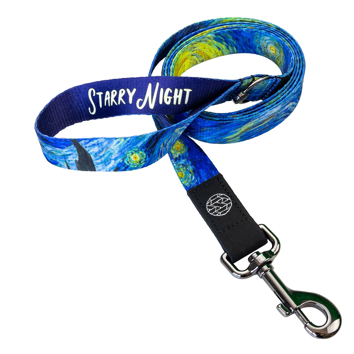 Dog leash with the famous Starry Night painting of blues and yellow glowing moon. 