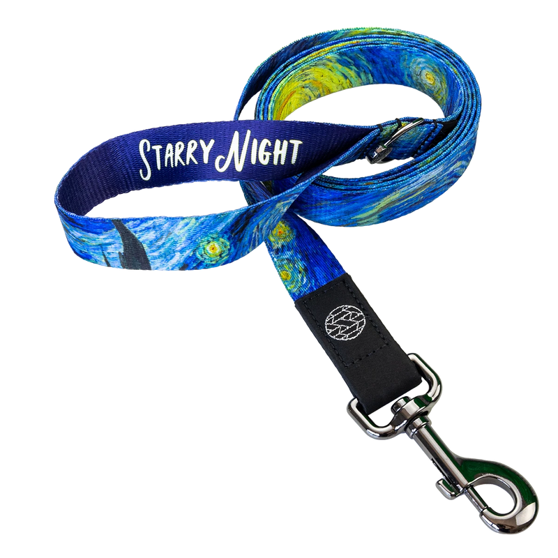 Dog leash with the famous Starry Night painting of blues and yellow glowing moon. 