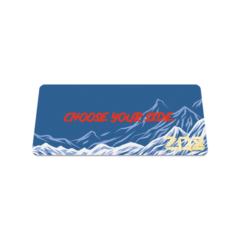 Back collector's card image of The One You Feed: blue background with white mountains and red text 'Choose your side'