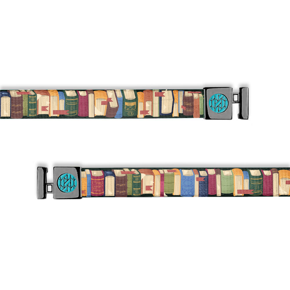 Hoodie string with muted colors of books lines along a book shelf. Gunmetal aglets. 