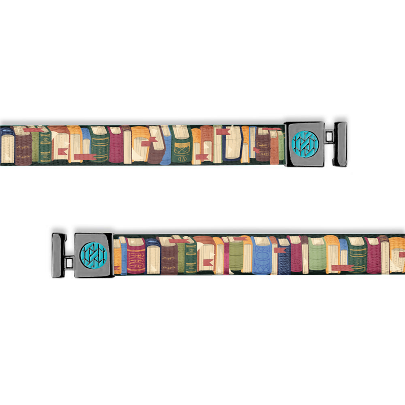 Hoodie string with muted colors of books lines along a book shelf. Gunmetal aglets. 