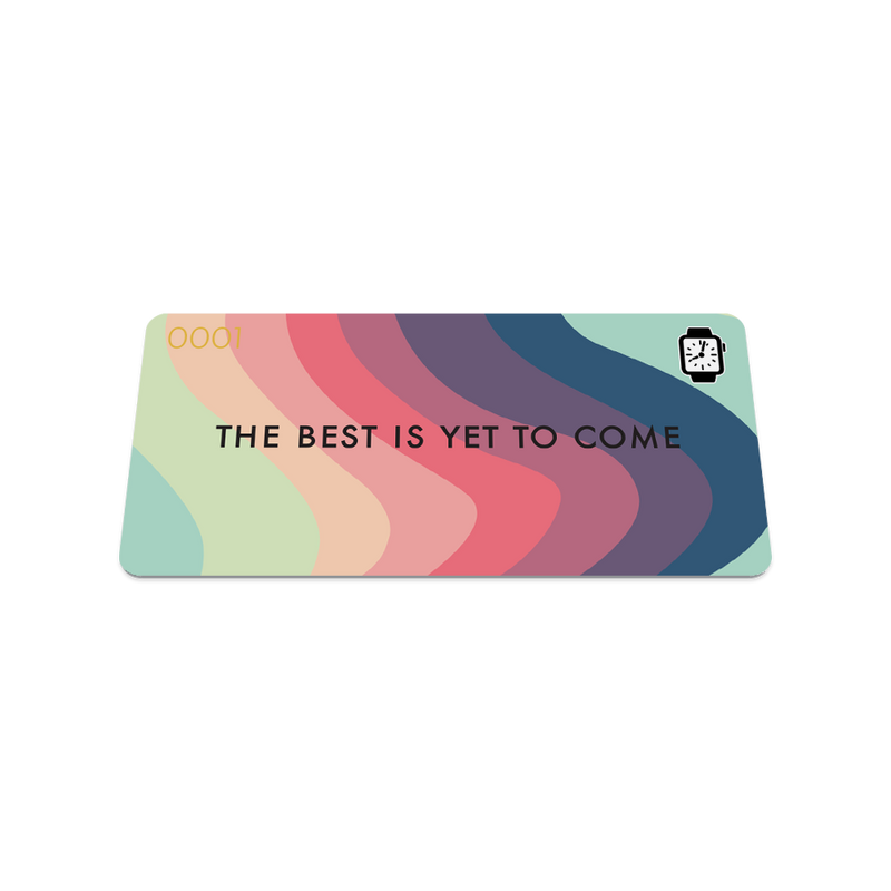 The Best Is Yet to Come Watchband. Wavy design including teal, blue, red, pink, purple, orange in pastel tones. Card front.