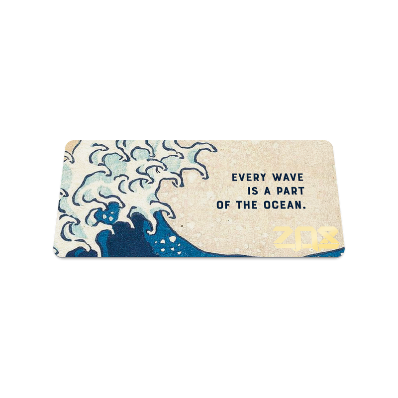 The Great Wave watch band. Front and back. Image of the Great Wave art piece. Card text: Every wave is a part of the ocean.