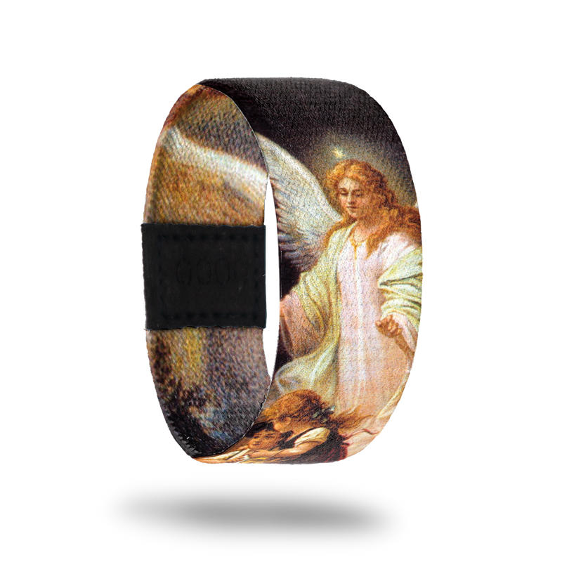 Outside design for Watch Over Me. Black background with a painted image of an angel watching over two young children