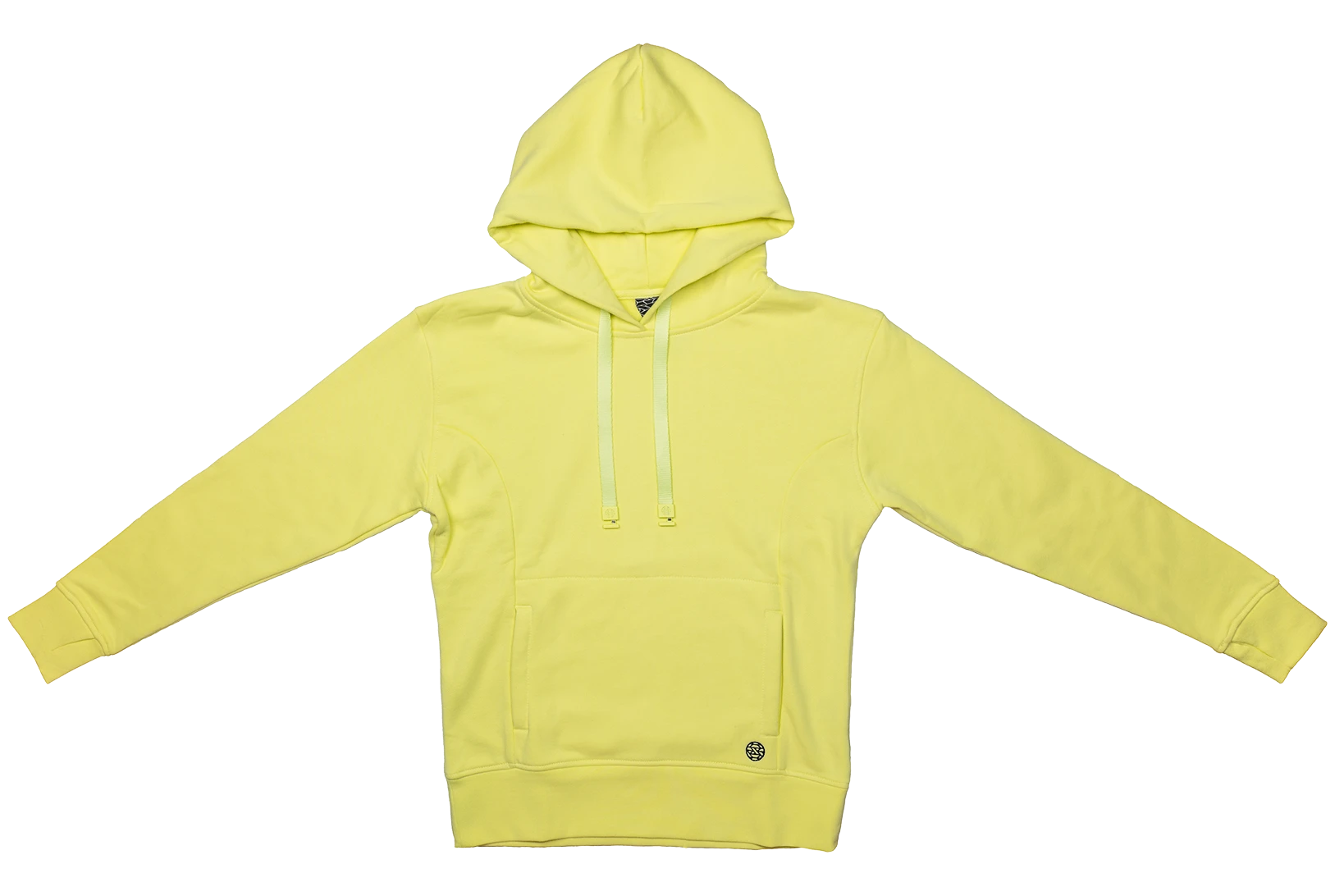 Hoodie with a kangaroo pocket, in bright yellow color. It comes with a matching colored hoodie string and thumbholes on the sleeves. 