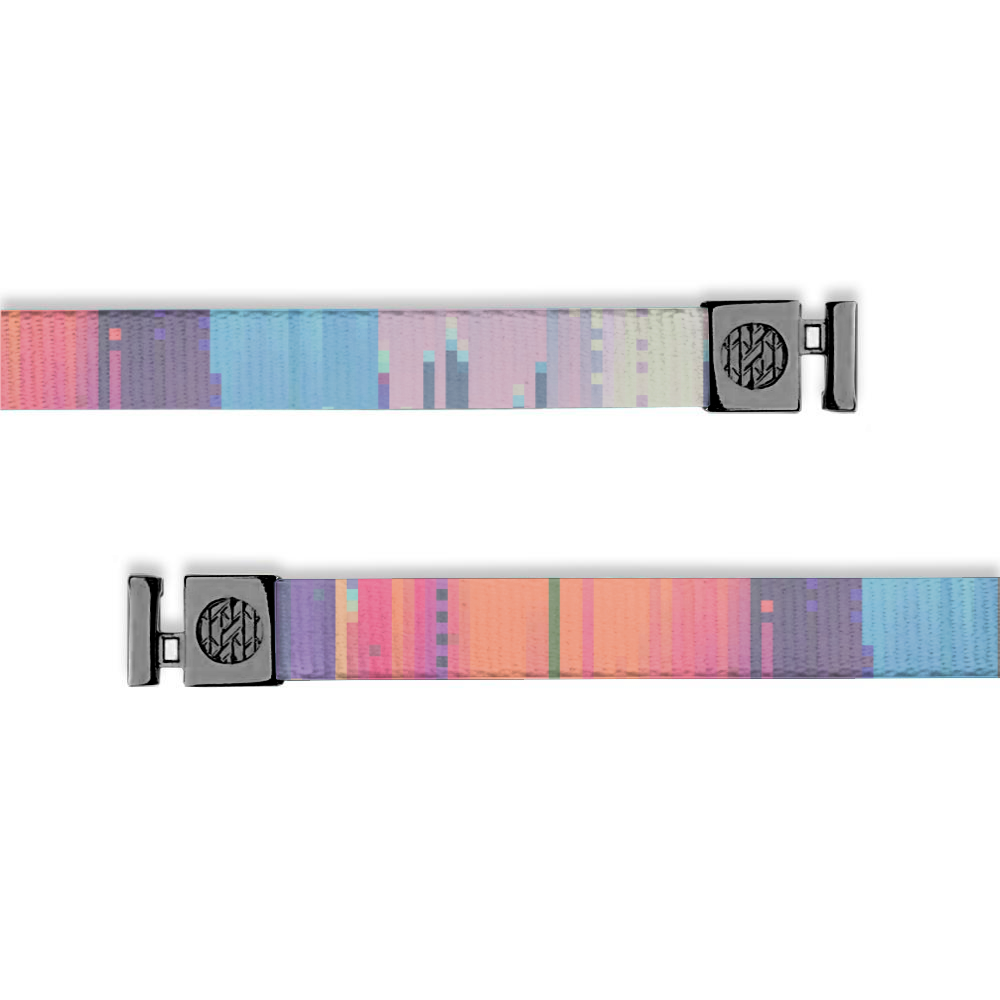 Only compatible with ZOX hoodies. Blue, purple, pink, white, and orange striped design. Has gunmetal aglets.