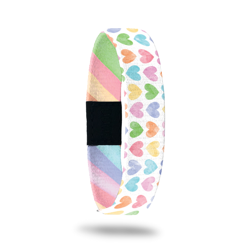 Product photo of outside design of live with love with rows of pastel orange, yellow, pink, green, purple, and blue gradient hearts over white background