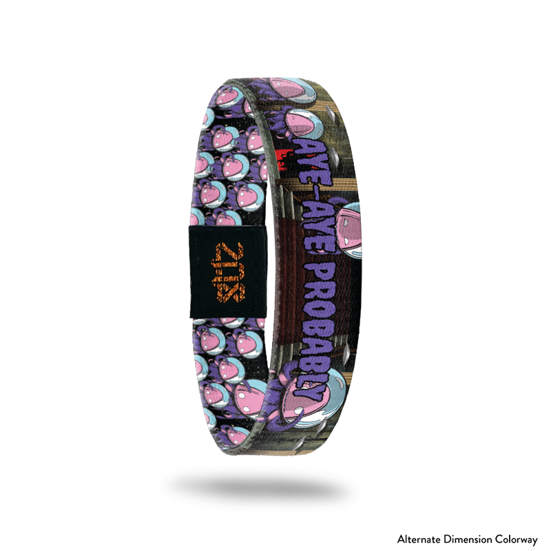 Product photo of the inside of 2021 - Day 11 - Aye Aye Probably: staircase background with repeating purple and pink squid-like monster with a blue fishbowl over it's head and purple 'AYE-AYE PROBABLY' text