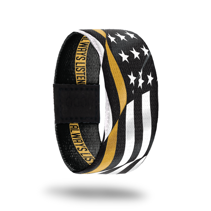 Outside Design of Always Listening: wavy black and white United States flag with a line of yellow for one bottom stripe of the flag