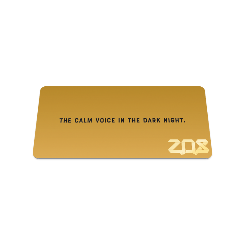 Back collector's card image of Always Listening, a deep yellow card with the text 'The calm voice in the dark night'