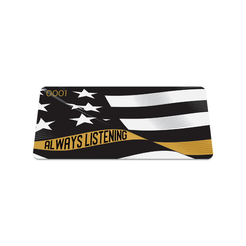 Front collector's card image of Always Listening, a wavy black and white United States flag with a line of yellow for one bottom stripe of the flag