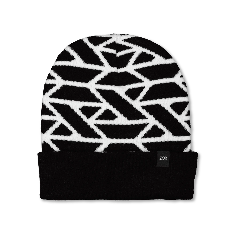 Knitted beanie which has a black and white geometric design onthe top. The band around the head is all black with the ZOX tag to the side.