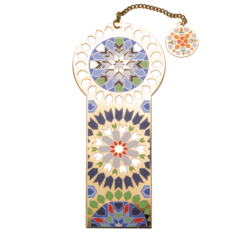Copper plated bookmark with a colorful mandala design . 