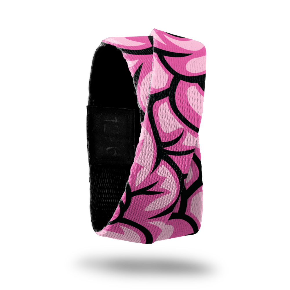 Hot pink and black brain matter design all over. Inside is solid black and says BRAINS in lime green lettering. This is a double and wraps around the wrist twice. 