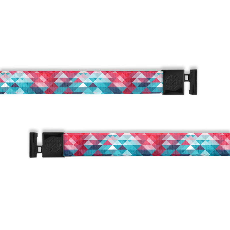 A product image of a wide and flat string with black metal aglets meant to be used with the ZOX hoodie. The string is called Brave and is a light blue and pink geometric design