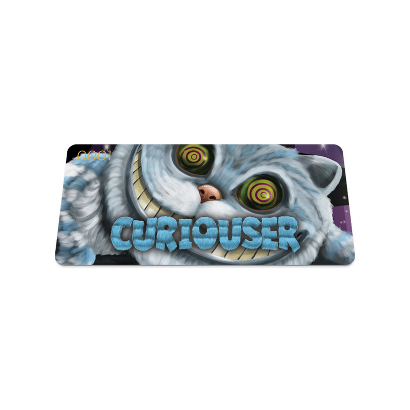 Front collector's card image of Curiouser, dark purple sky with blue and white Chesire cat centered on the card and blue text 'Curiouser'