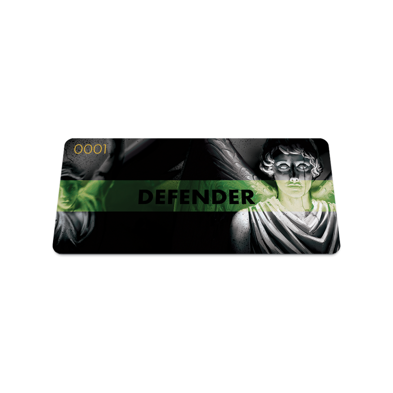 Front collector's card image of  Defender: gray scale statue of an angel in the center and two other angels next to the centered angel with a black background. With a green transparent line centered across the design and black text 'Defender'.