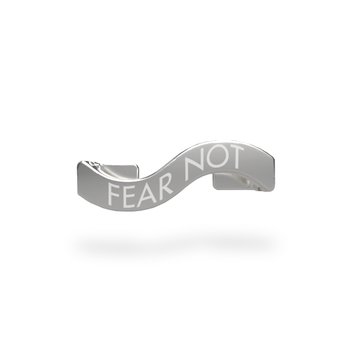 This is a charm that fits ZOX single wristbands, lanyards and hoodie strings only. It is made from stainless steel and is silver in color. The words FEAR NOT are etched in the metal.