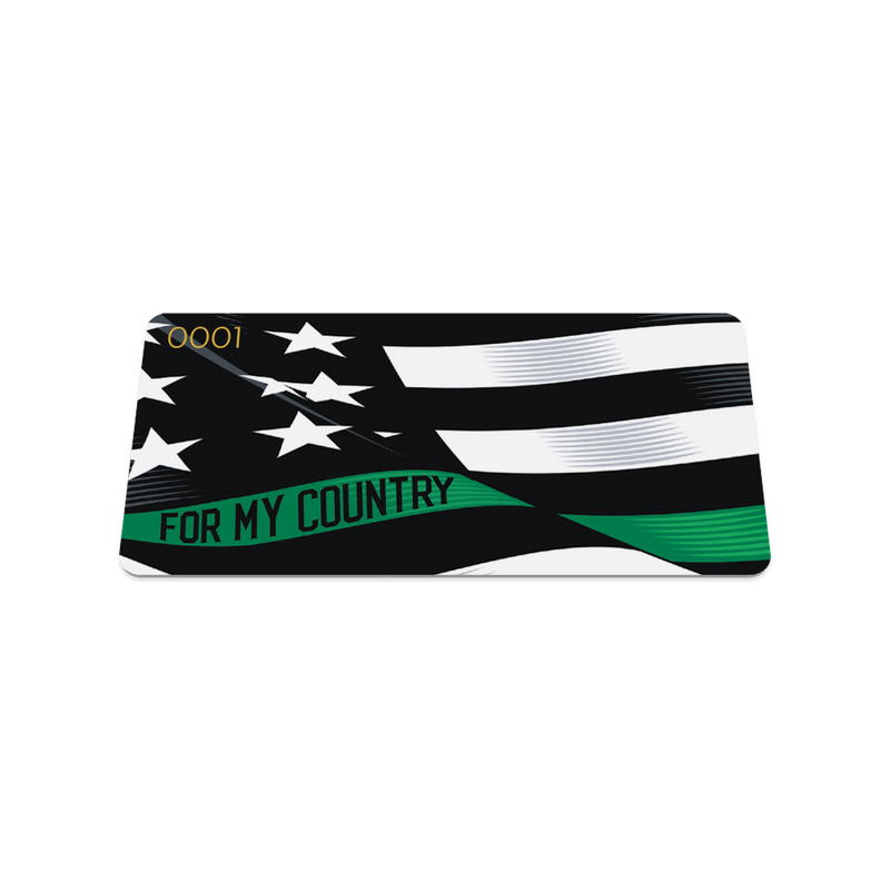 Front collector's card image of For My Country: wavy black and white United States flag with a line of green for one bottom stripe of the flag