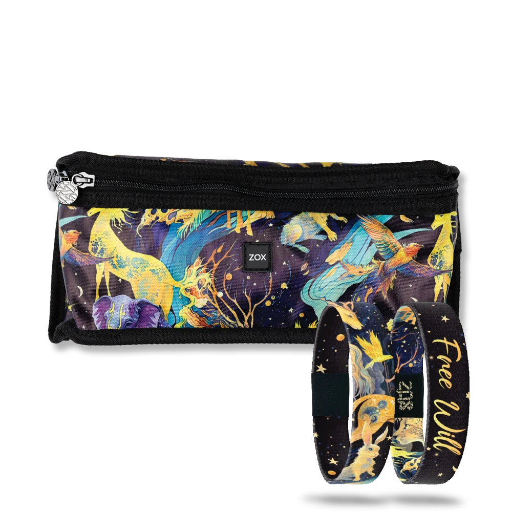 Fanny Pack and single combo. Design on both is black based with a fairytale picture of horses, birds, gods, space, trees and stars. Inside of wristband reads Free Will. 