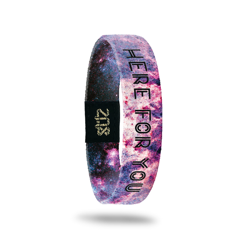 Inside Design of Here For You: purple, red, white, and pink galaxy design with black text overlaying ‘Here For You’