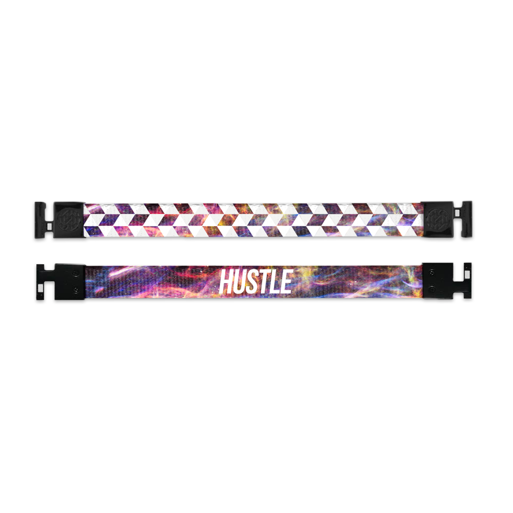 Shows outside and inside design for Hustle imperial with black aglet clasps. Top is outside design with blended light space and white slanted squares patterned across. Bottom is light space design with pinks and purples with hustle in white text
