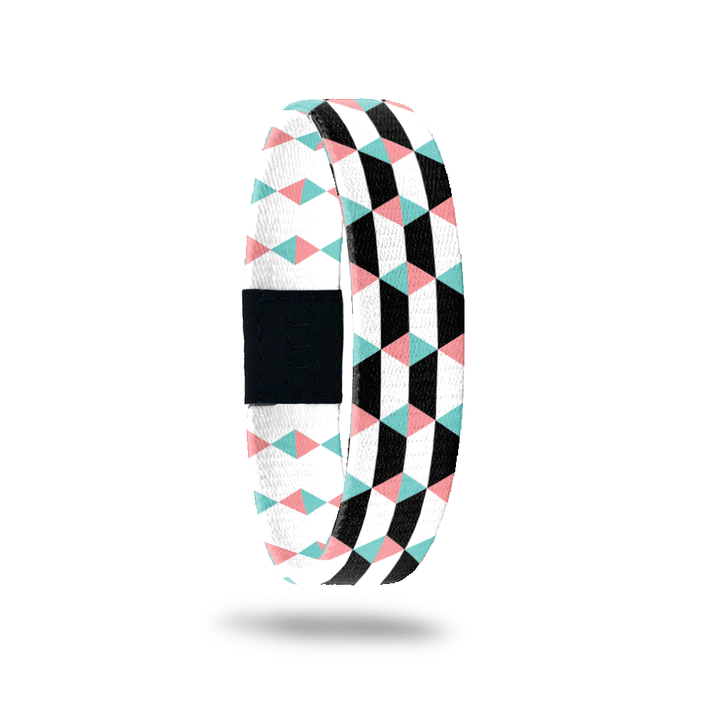 Outside Design of Just Breathe: geometric white, black, pink and blue design