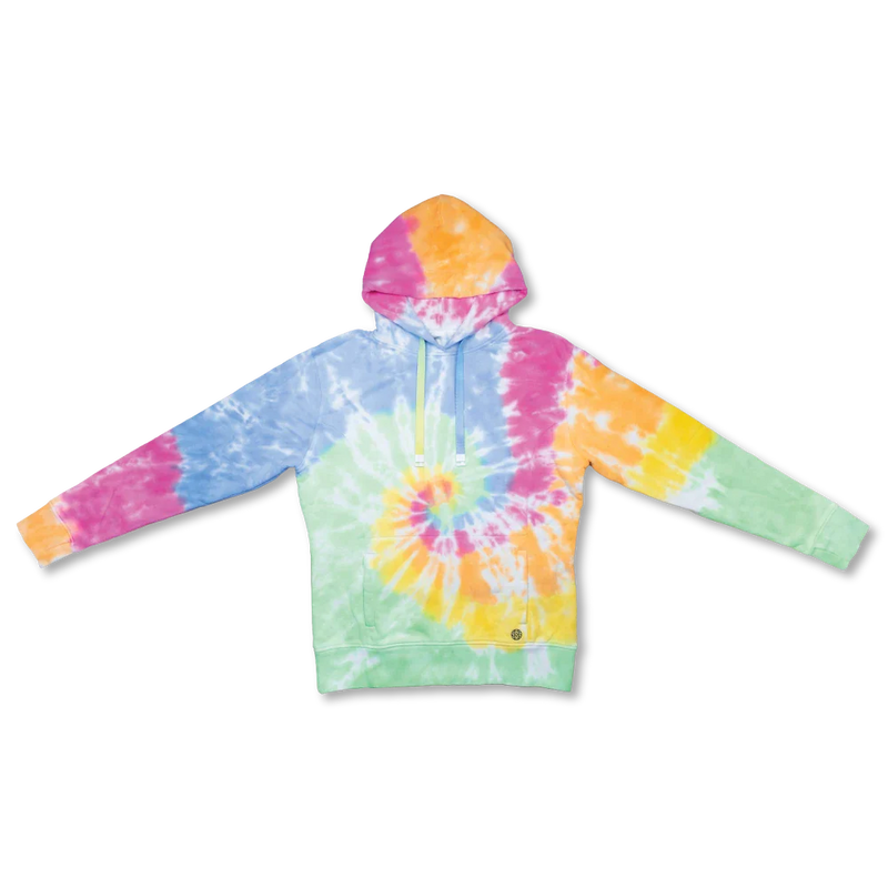Pullover hoodie with a kangaroo pocket. The colors and design are a multicolored tie-dye swirl. The hoodie comes with a blue and green gradient hoodie string that can be changed out with other ZOX strings. 