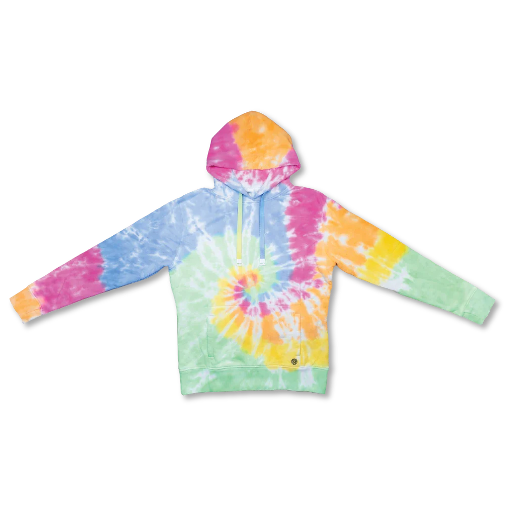 Pullover hoodie with a kangaroo pocket. The colors and design are a multicolored tie-dye swirl. The hoodie comes with a blue and green gradient hoodie string that can be changed out with other ZOX strings. 