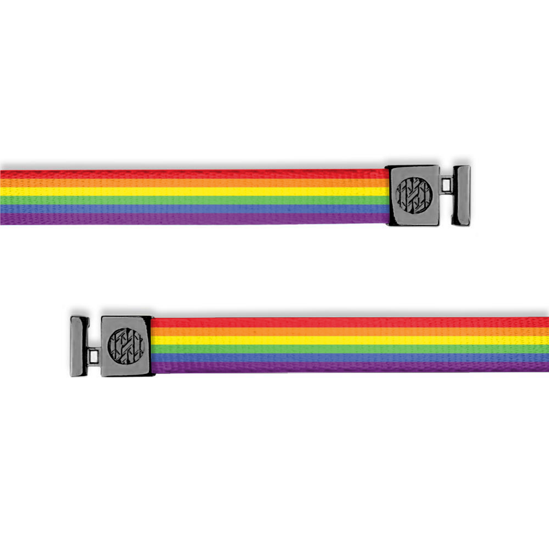 Flat hoodie string. Design is a rainbow from one end to the other and the inside reads ""Love Wins". Aglets are black. 