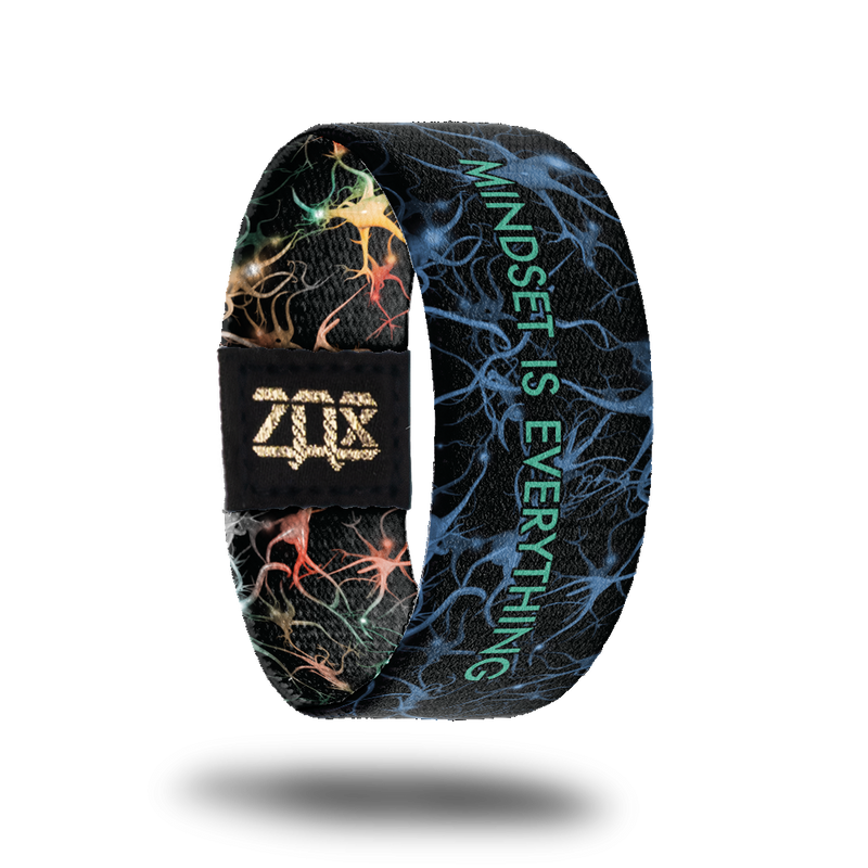 Inside design of Mindset Is Everything. Black background with neon blue  synapses across the design. The synapses are unique shapes that have thin and thick wavy lines attached to them. In the center is Mindset Is Everything in blue thin text.