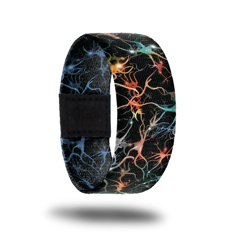 Outside design of Mindset Is Everything. Black background with neon blue, orange, and yellow synapses across the design. The synapses are unique shapes that have thin and thick wavy lines attached to them