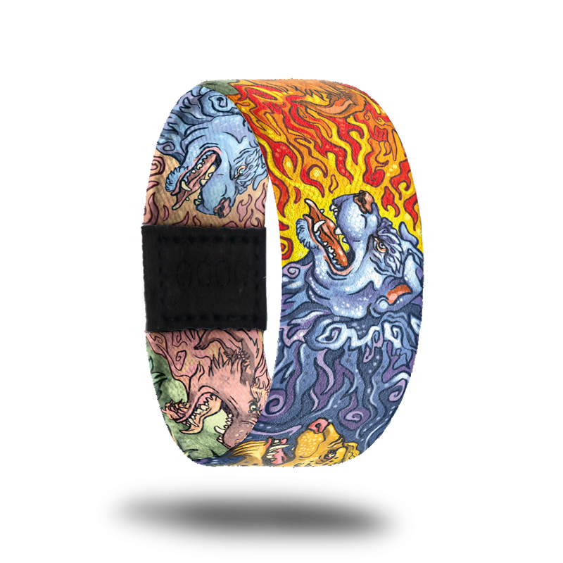 Outside design for On Guard. Three elemental guardian canine heads run along the design and positioning on each strap can vary. The three elements featured are a blue water canine, a red and yellow fire canine, and a green and yellow nature canine 
