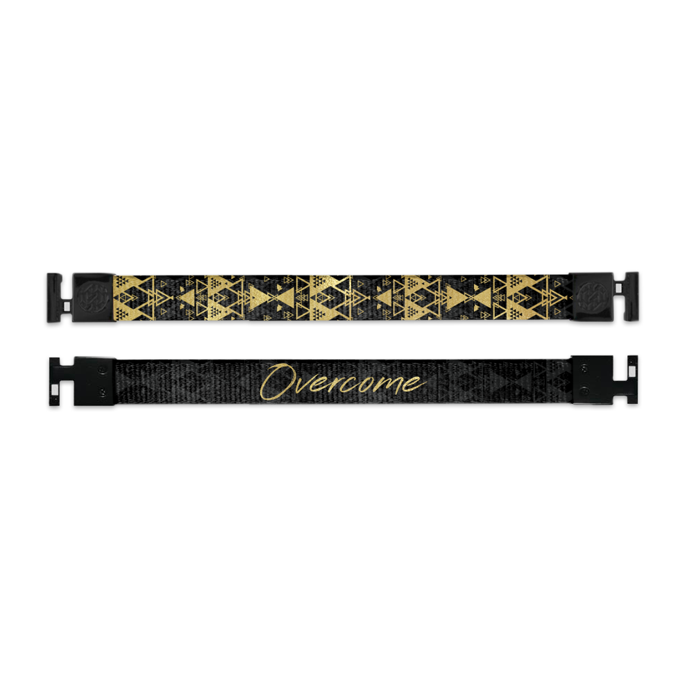 Shows outside and inside design for Overcome imperial with black aglet clasps. Top is the outside design, a black background with a gold geometric pattern across. Bottom is the inside design, with a black background and Overcome centered in gold text