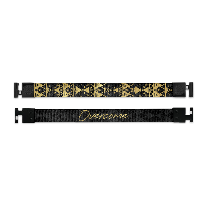 Shows outside and inside design for Overcome imperial with black aglet clasps. Top is the outside design, a black background with a gold geometric pattern across. Bottom is the inside design, with a black background and Overcome centered in gold text