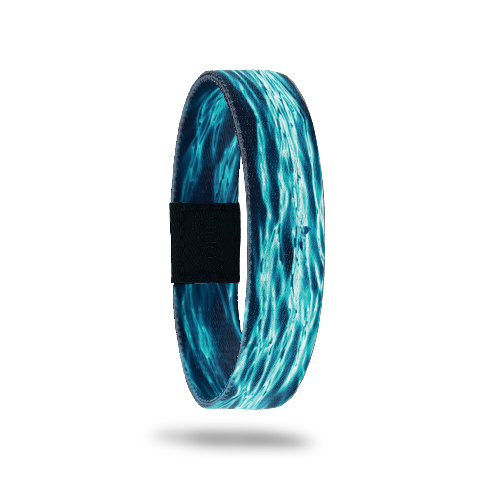 Wristband single with navy base and bright blue/white water reflections. The inside is the same design and reads Persistence. 