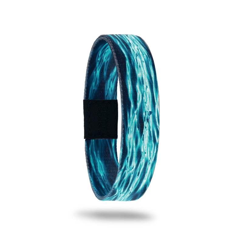 Wristband single with navy base and bright blue/white water reflections. The inside is the same design and reads Persistence. 