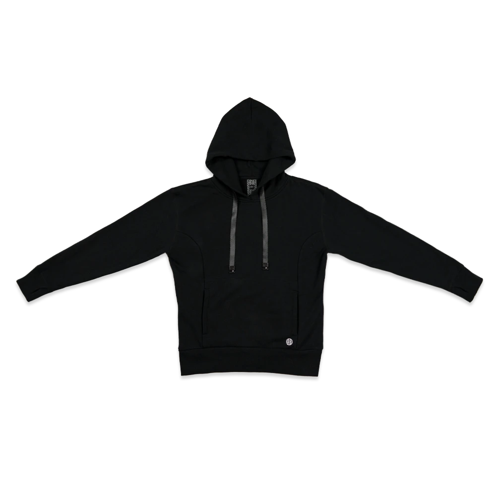 Pullover hoodie with kangaroo pocket. This hoodie only comes in black and there are no designs or colors. It comes with an all black string that can be swapped with other ZOX strings. 