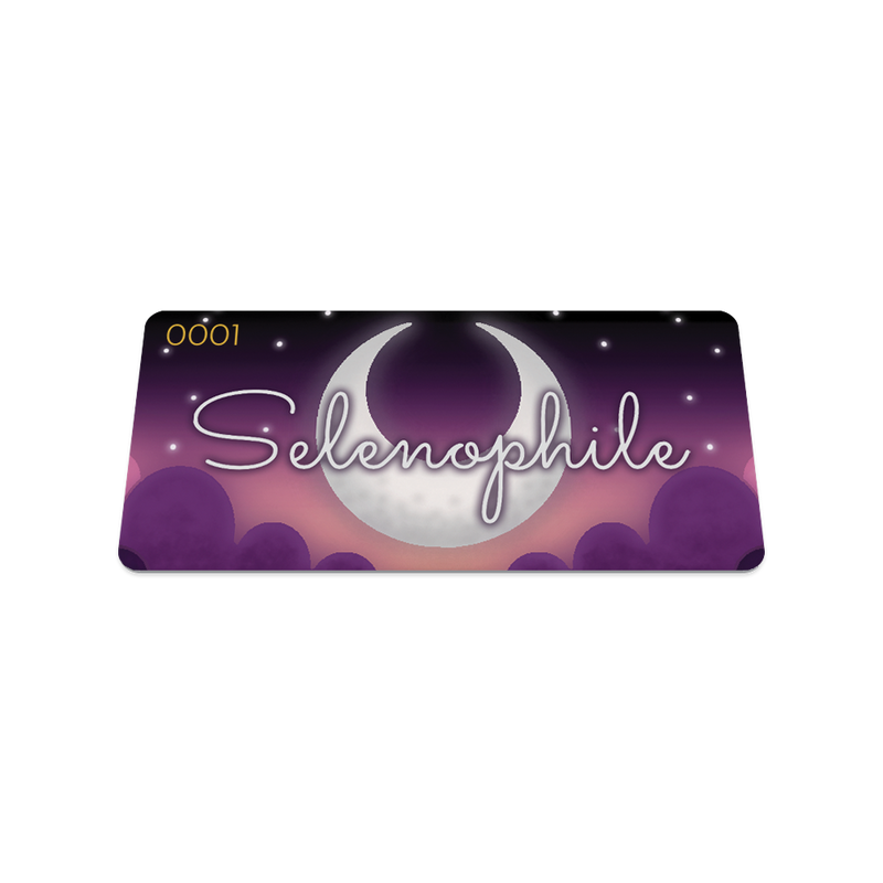 Front collector's card image of Selenophile: purple clouded night skies with white stars and a white crescent moon in the center and white text 'Selenophile'