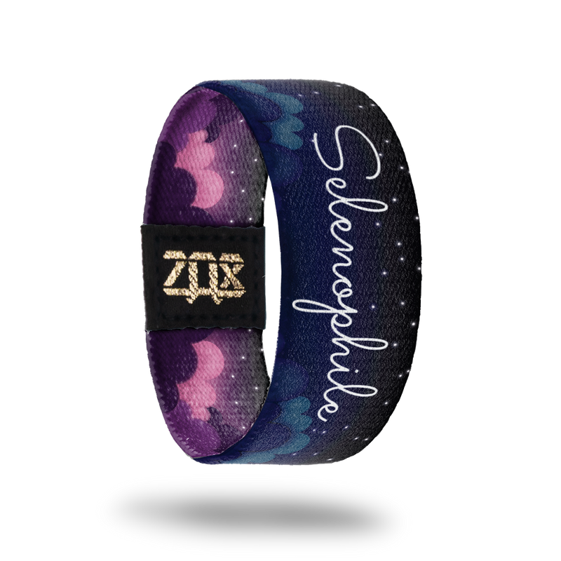 Inside Design of Selenophile:  dark blue and black clouded night skies with white text 'Selenophile'