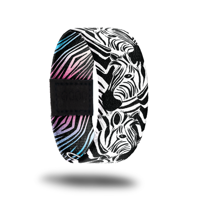 Outside design of Show Your Stripes. Black and white zebra pattern with zebra heads blended in