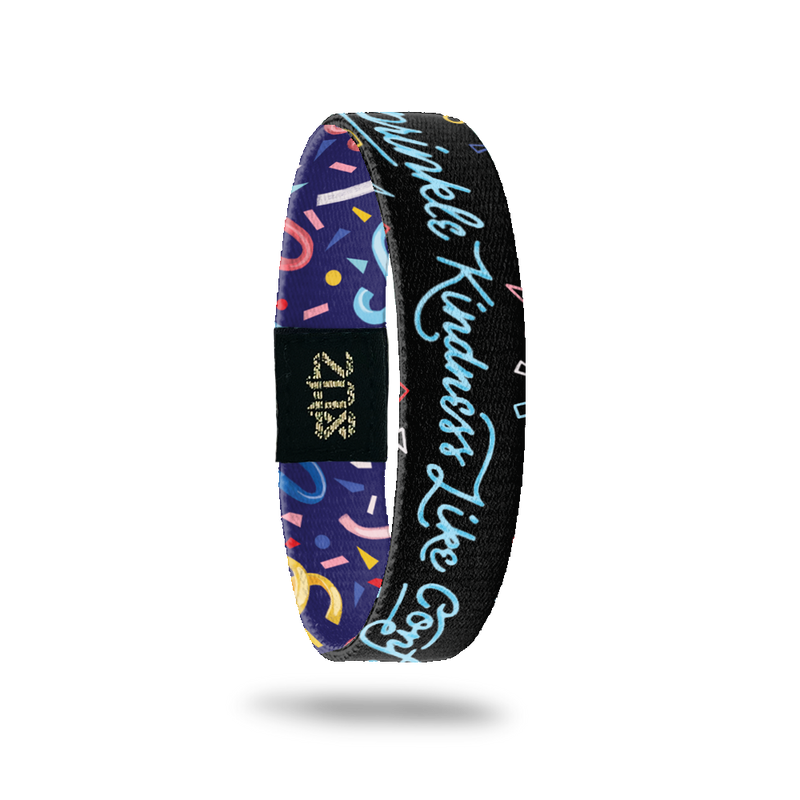 Inside Design of Sprinkle Kindness Like Confetti: black background with varying colored confetti outlines and light blue cursive text ‘Sprinkle Kindness Like Confetti’