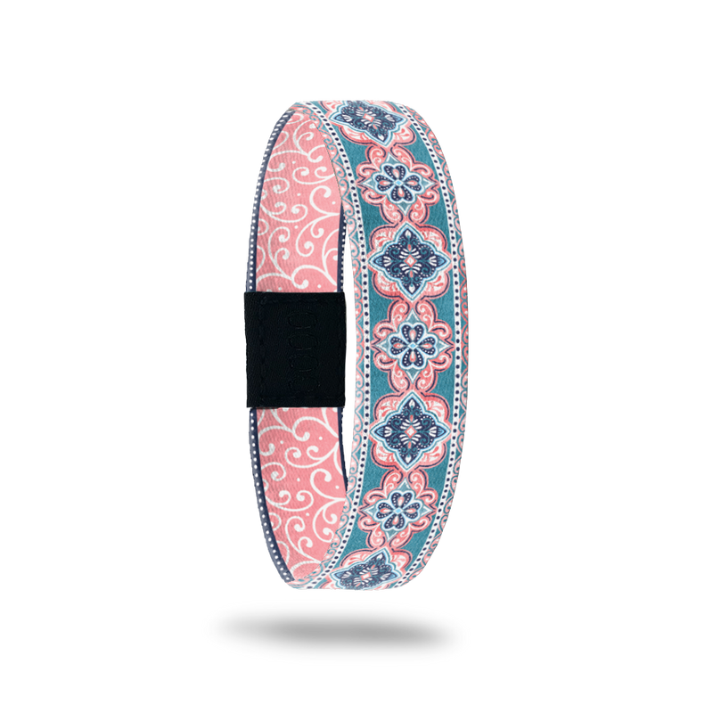 Light pink and muted teal design of Victorian designed mandalas. Inside is pink and white swirls and reads Stay Humble Stay Kind. 