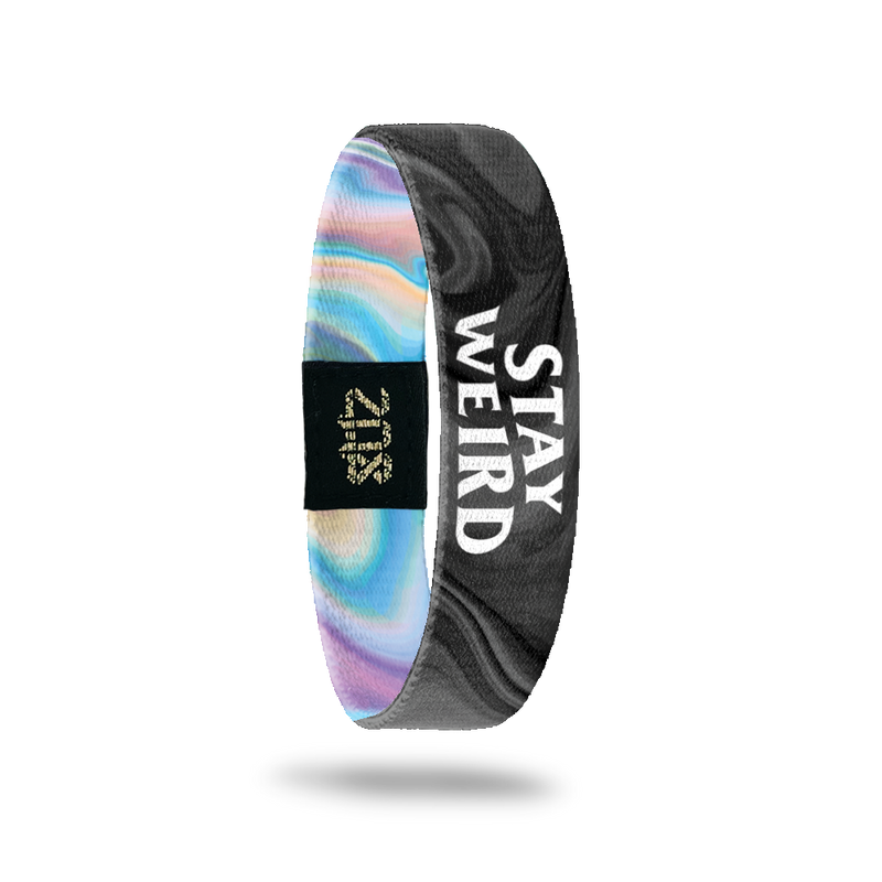 Inside Design of Stay Weird: black and grey acrylic pour design with bold white text ‘Stay Weird’