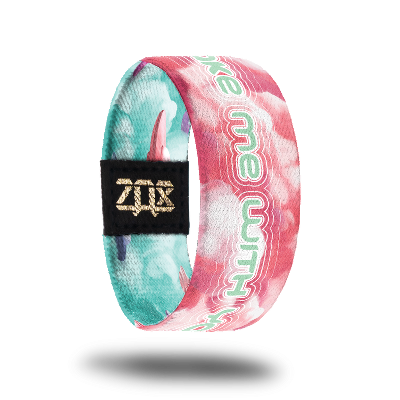 inside design for Take Me With You. pink clouds with Take Me With You in teal text