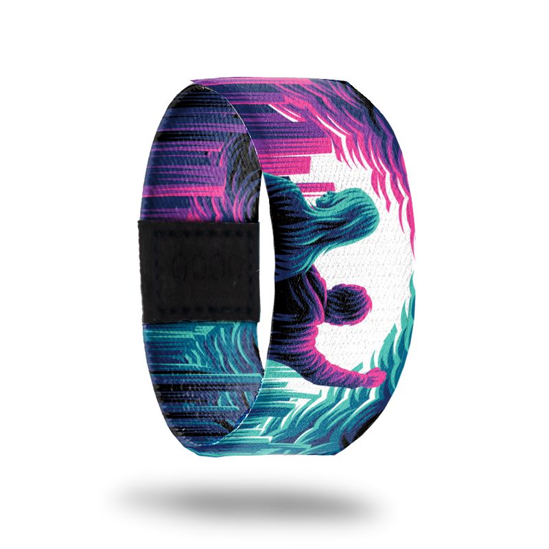 Front Product image of elastic wristband called The Future Belongs To Us. The design is a pink male and blue female with clouds and a city to their sides. Next to the female is a pink design and next to the male is a blue design.