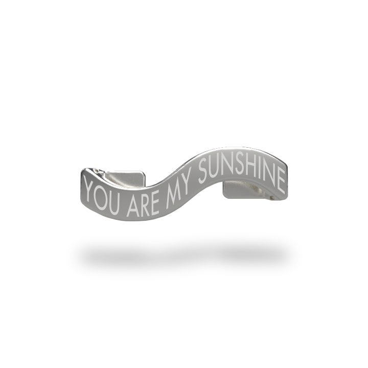 This is a charm that fits ZOX single wristbands, lanyards and hoodie strings only. It is made from stainless steel and is silver in color. The words YOU ARE MY SUNSHINE are etched in the metal.
